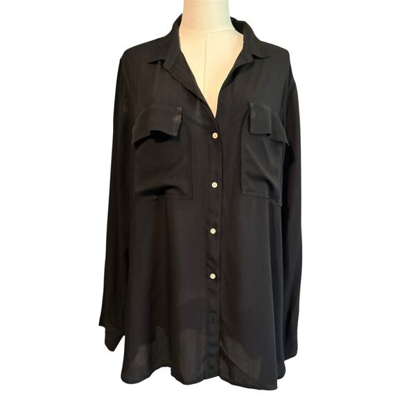 GAP Shirt Boyfriend Fit Long Sleeve XL Viscose True Black Semi Sheer Classic - Picture 4 of 9